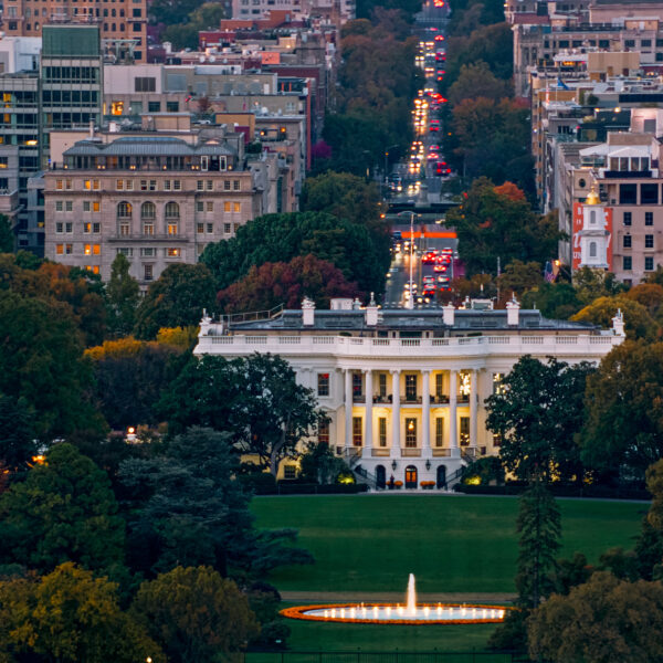 Aerial Shot of the White House in Washington, D.C. at Sunset