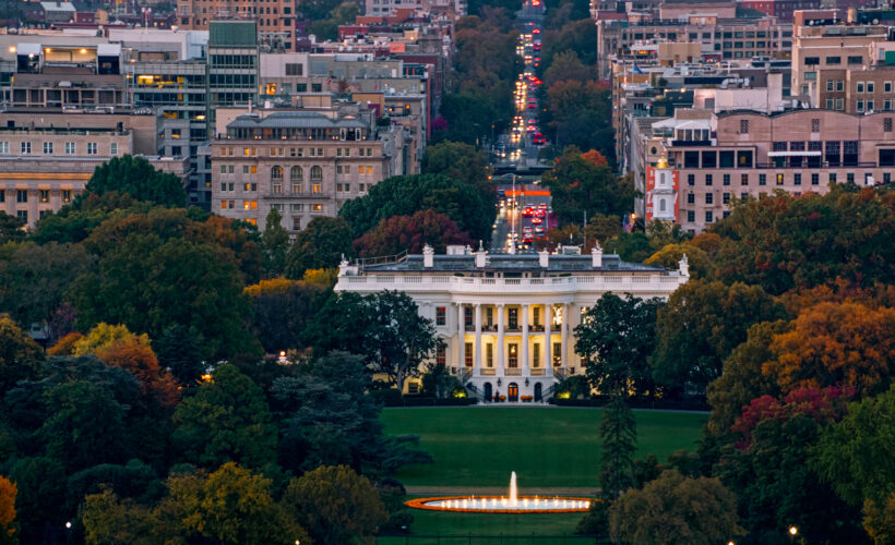 Aerial Shot of the White House in Washington, D.C. at Sunset