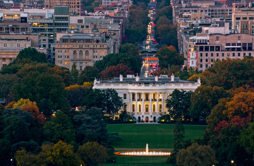 Aerial Shot of the White House in Washington, D.C. at Sunset