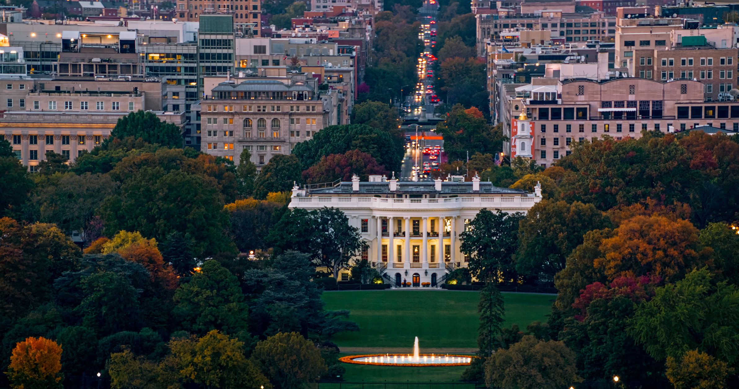 Aerial Shot of the White House in Washington, D.C. at Sunset